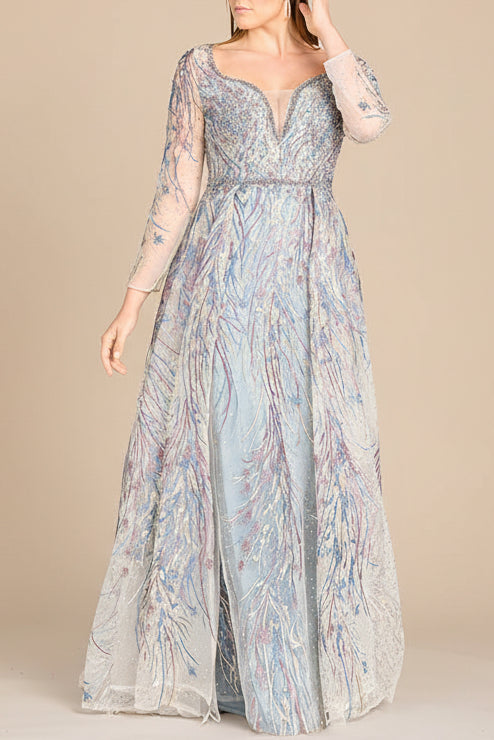 Long Sleeve Contrast Embroidered Gown with Overskirt - Glamourous Grace