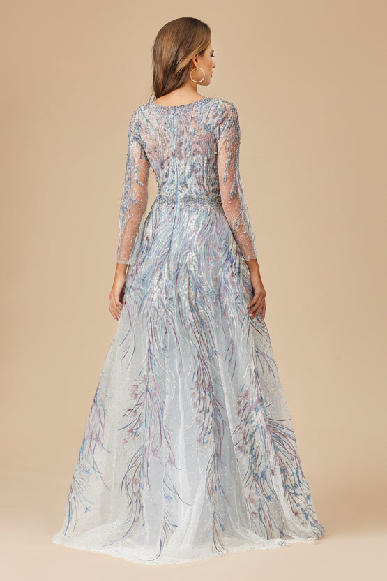 Long Sleeve Contrast Embroidered Gown with Overskirt - Glamourous Grace