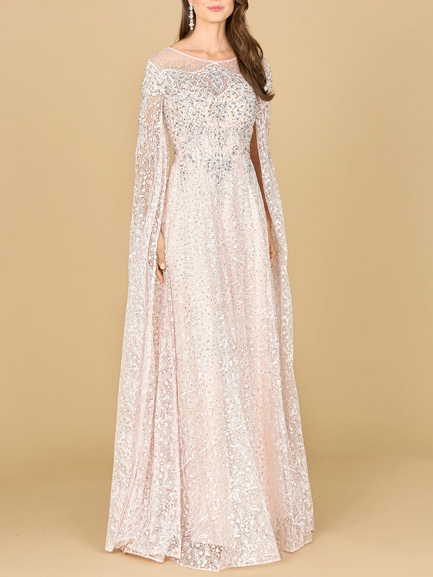 Lace Gown with Dramatic Cape Sleeves | Lara 29454 - Glamourous Grace