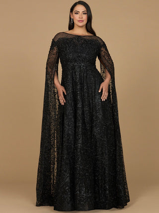 Lace Gown with Dramatic Cape Sleeves | Lara 29454 - Glamourous Grace