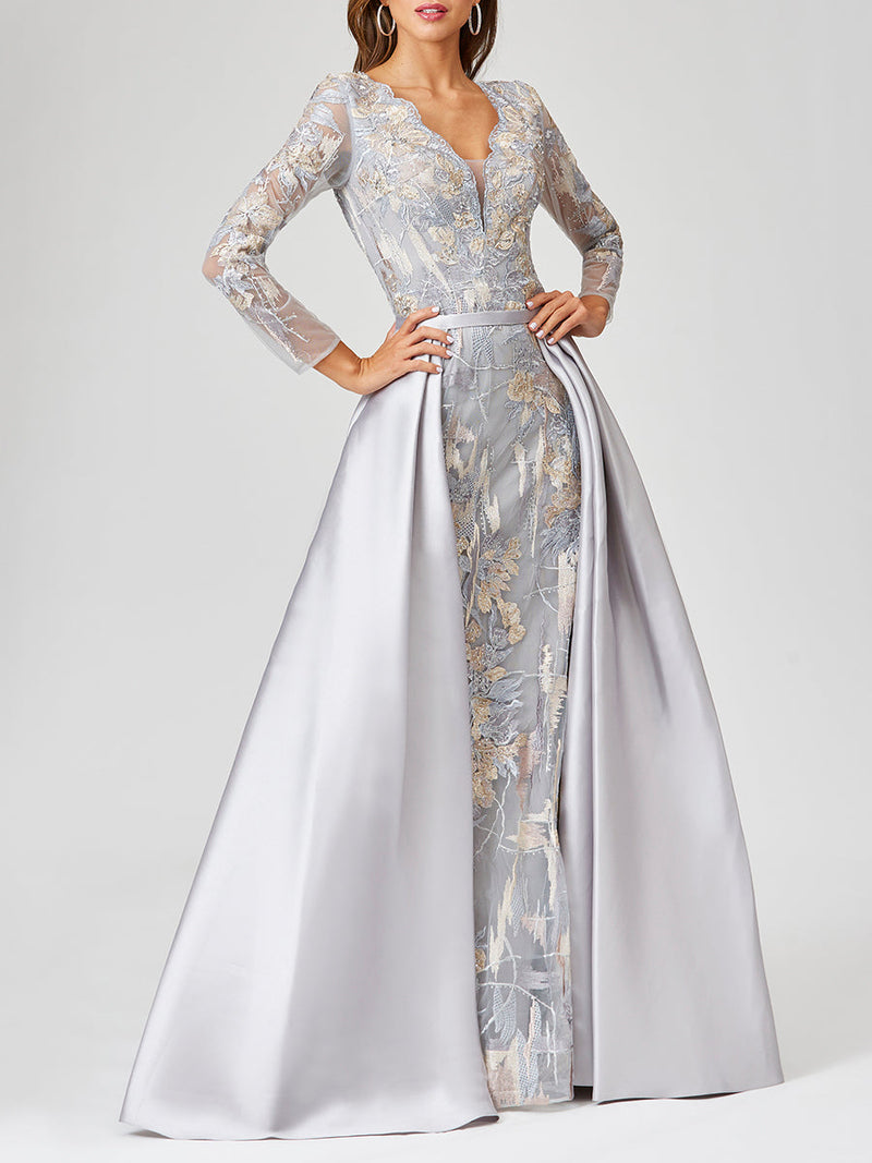 Long Sleeve Lace Gown with Removable Over Skirt | 29468 - Glamourous Grace