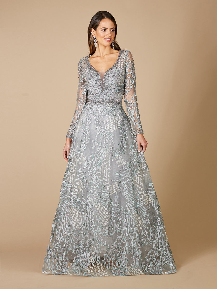 Long Sleeve Lace Ballgown with V-Neckline OUTLET - Glamourous Grace