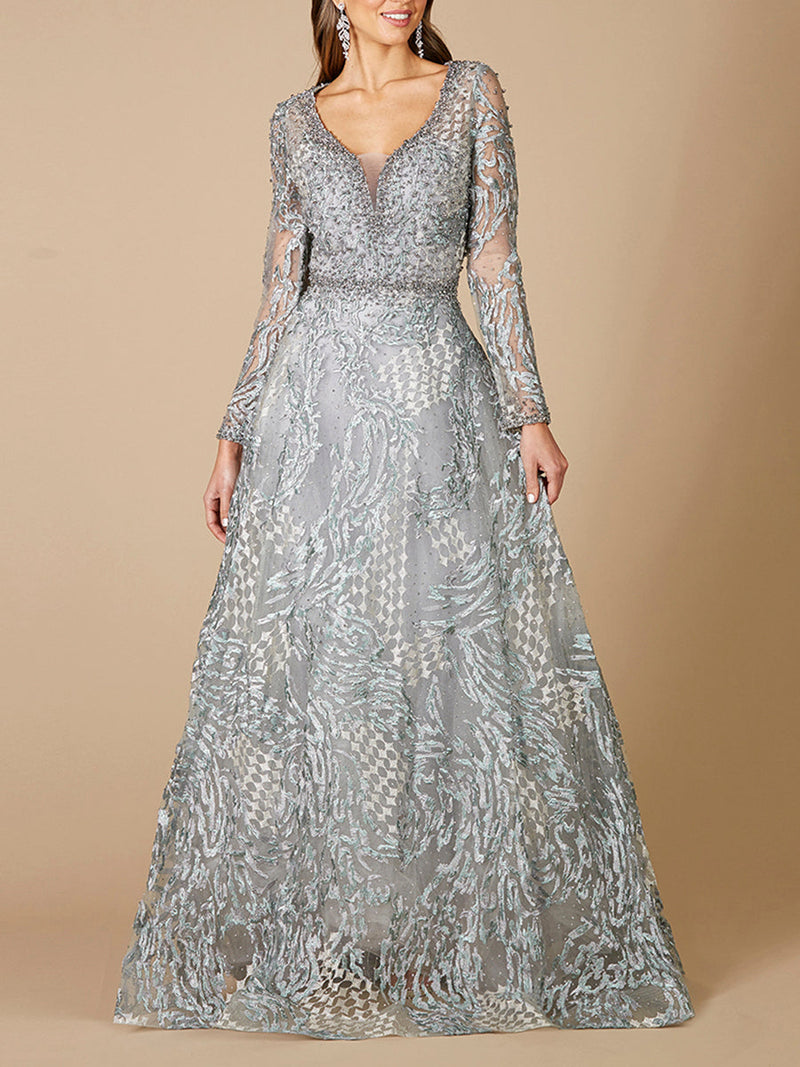 Long Sleeve Lace Ballgown with V-Neckline OUTLET - Glamourous Grace