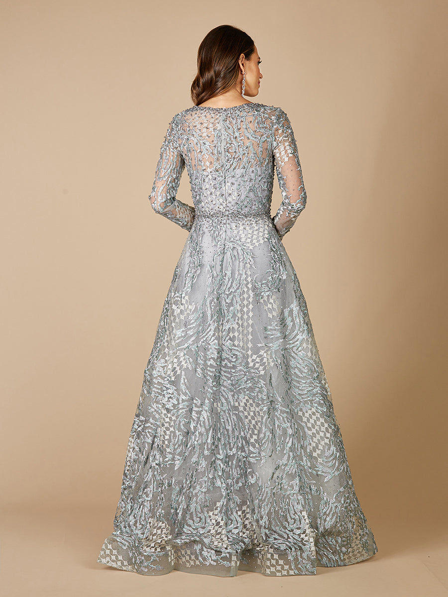 Long Sleeve Lace Ballgown with V-Neckline OUTLET - Glamourous Grace