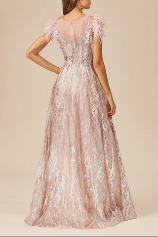 Lace ballgown with Feather Cap Sleeves - Glamourous Grace
