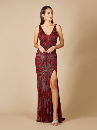 Lara 29528 - Thigh High Slit Beaded Gown - Glamourous Grace