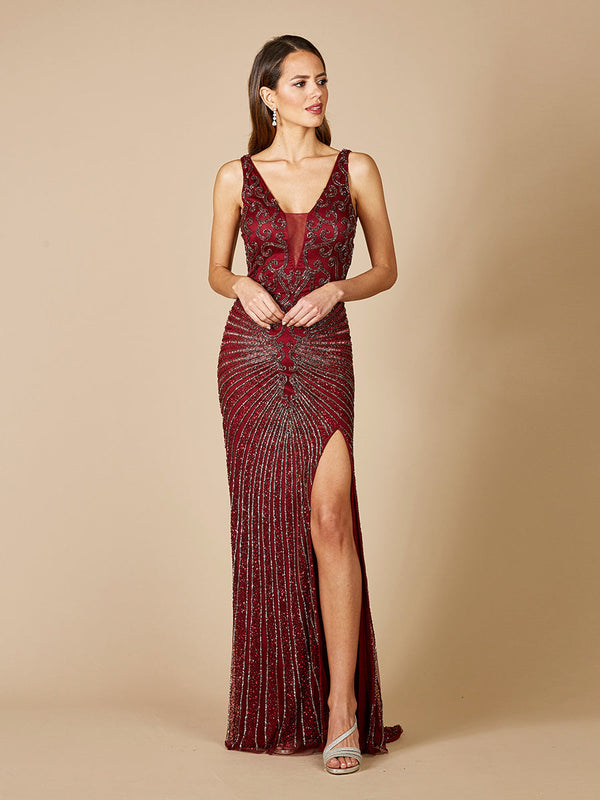 Lara 29528 - Thigh High Slit Beaded Gown - Glamourous Grace