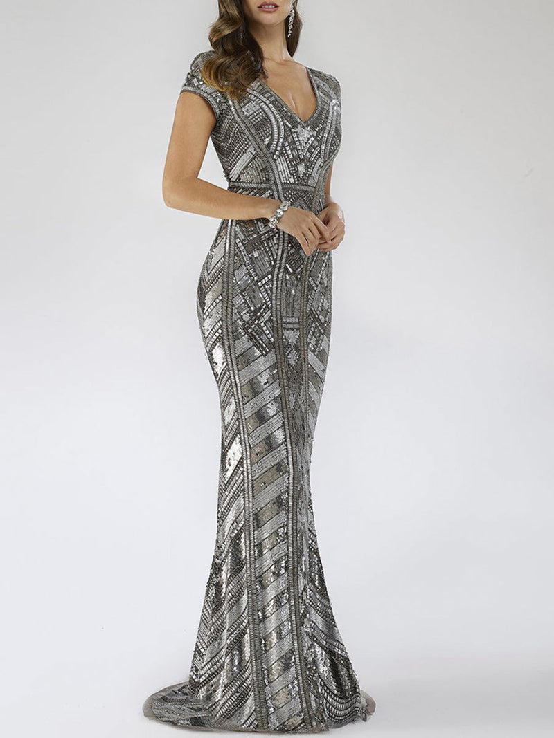 Lara 29540 - Body Con Beaded Silver Petite Dress - Glamourous Grace