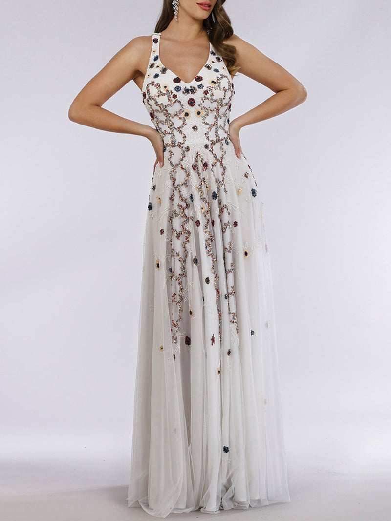 Lara 29544 - Beaded Dress with Open Cross Back and Flowy Skirt - Glamourous Grace