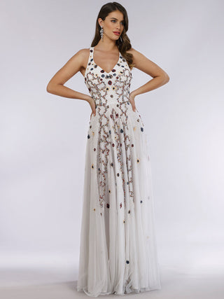 Lara 29544 - Beaded Dress with Open Cross Back and Flowy Skirt - Glamourous Grace