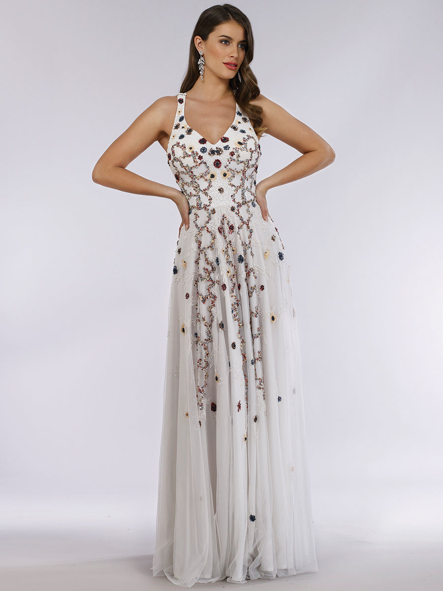 Lara 29544 - Beaded Dress with Open Cross Back and Flowy Skirt - Glamourous Grace