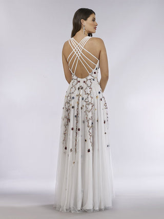 Lara 29544 - Beaded Dress with Open Cross Back and Flowy Skirt - Glamourous Grace