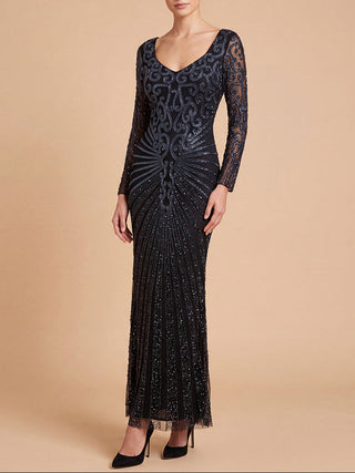 Lara 29602 - V Neck Beaded Long Sleeve Dress - Glamourous Grace