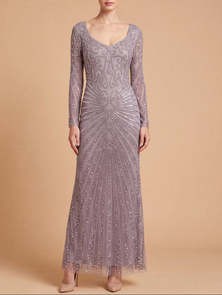 Lara 29602 - V Neck Beaded Long Sleeve Dress - Glamourous Grace