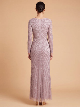 Lara 29602 - V Neck Beaded Long Sleeve Dress - Glamourous Grace