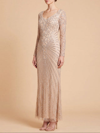 Lara 29602 - V Neck Beaded Long Sleeve Dress - Glamourous Grace