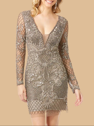 Lara 29610 - Long Sleeve Beaded Cocktail Dress - Glamourous Grace
