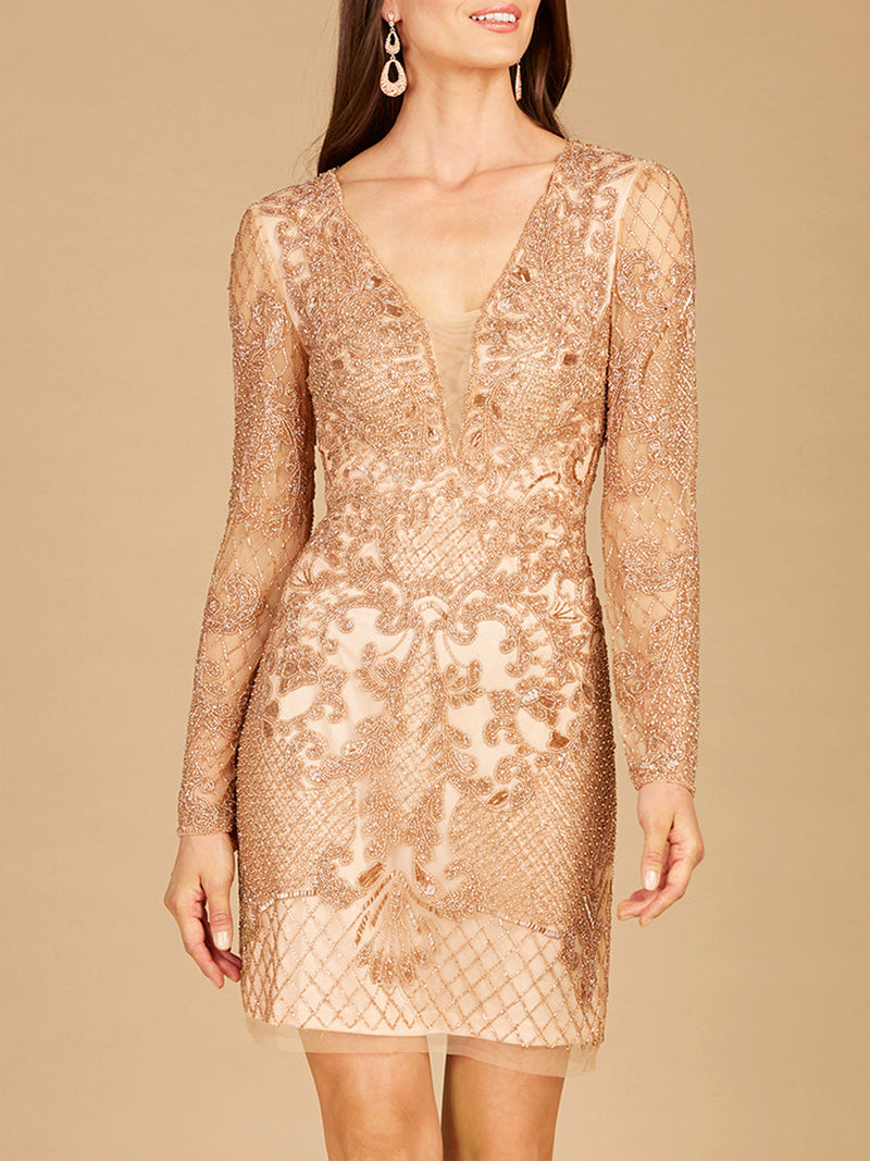 Lara 29610 - Long Sleeve Beaded Cocktail Dress - Glamourous Grace