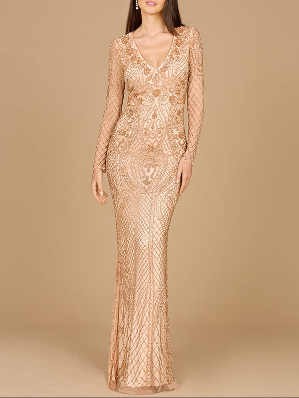 Lara 29615 - Long Sleeve Beaded Dress - Glamourous Grace