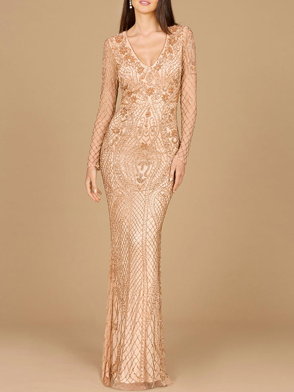 Lara 29615 - Long Sleeve Beaded Dress - Glamourous Grace