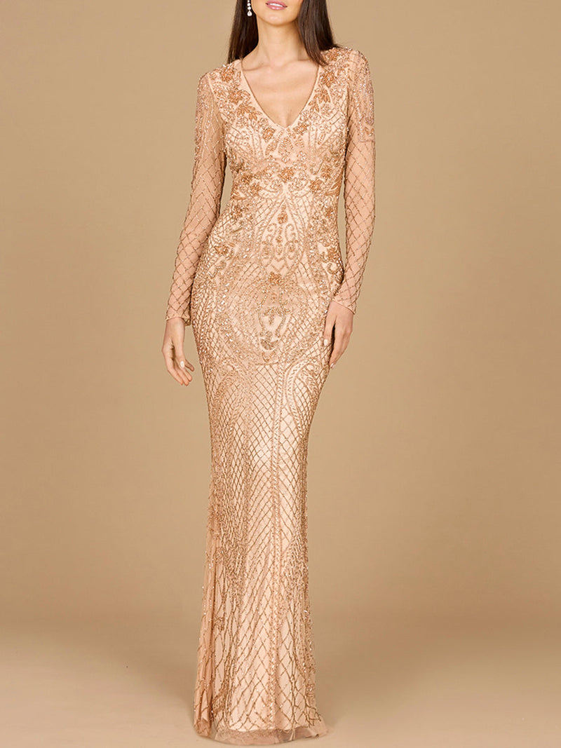 Lara 29615 - Long Sleeve Beaded Dress - Glamourous Grace