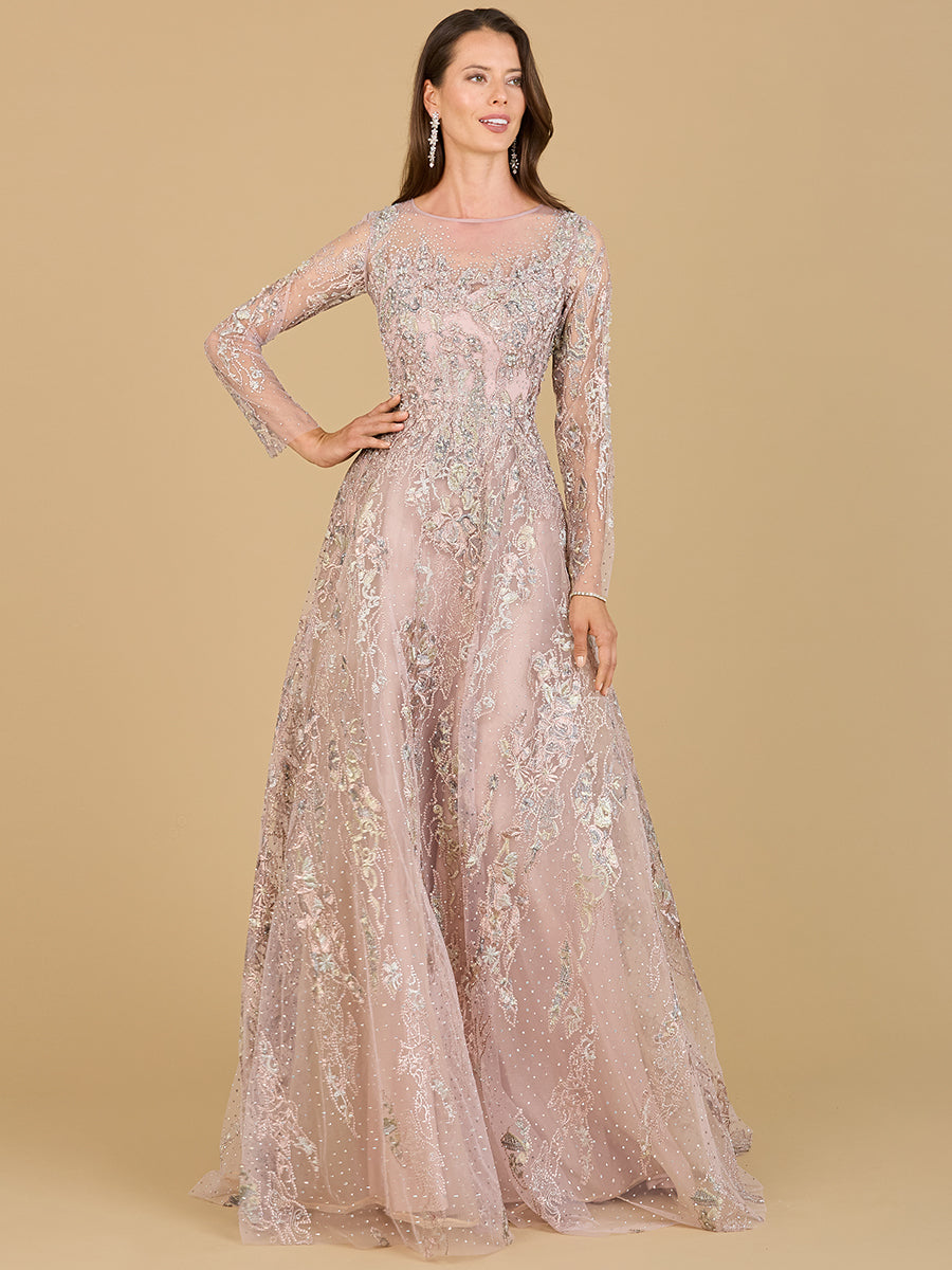 Lara 29618 - Beaded Long Sleeve A-line Dress - Glamourous Grace