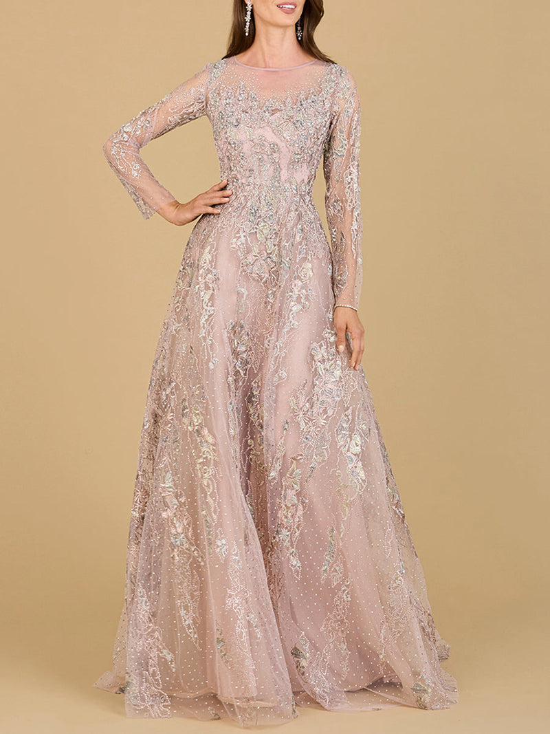 Lara 29618 - Beaded Long Sleeve A-line Dress - Glamourous Grace