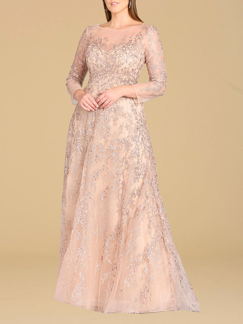 Lara 29677 - Illusion Neckline A-line Long Sleeves Gown - Glamourous Grace