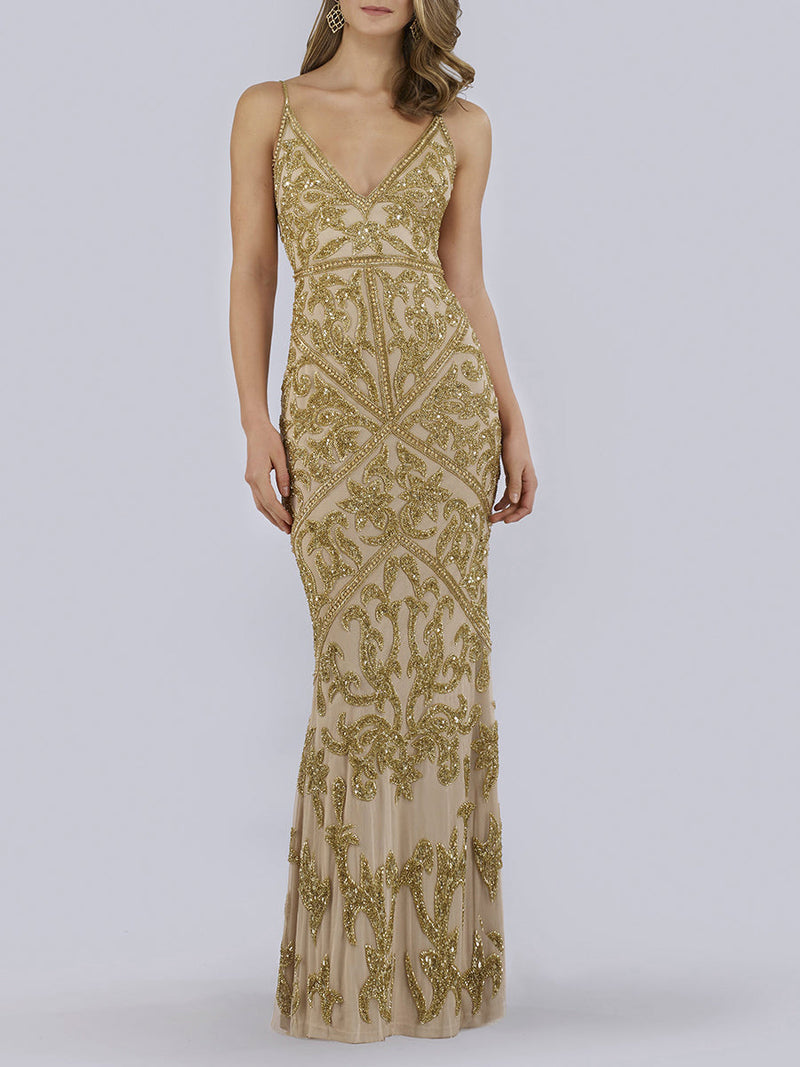 Lara 29744 - Spaghetti Strap Beaded Dress - Glamourous Grace