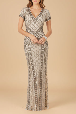 Lara 29746 - Beaded V-Neckline Dress with Cap Sleeves - Glamourous Grace