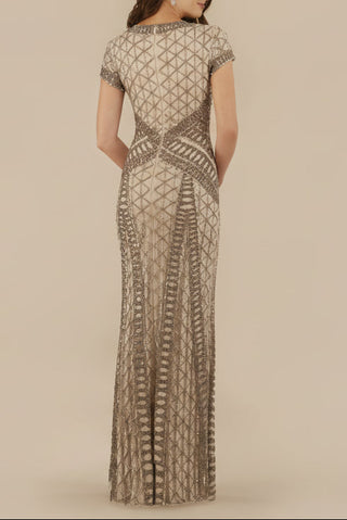 Lara 29746 - Beaded V-Neckline Dress with Cap Sleeves - Glamourous Grace