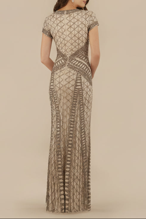 Lara 29746 - Beaded V-Neckline Dress with Cap Sleeves - Glamourous Grace