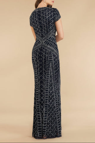 Lara 29746 - Beaded V-Neckline Dress with Cap Sleeves - Glamourous Grace