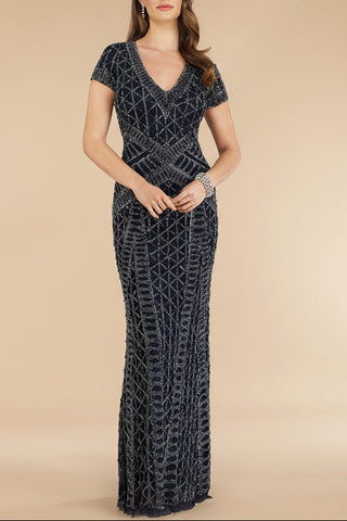 Lara 29746 - Beaded V-Neckline Dress with Cap Sleeves - Glamourous Grace