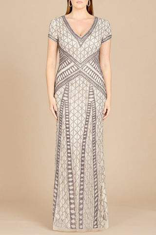 Lara 29746 - Beaded V-Neckline Dress with Cap Sleeves - Glamourous Grace
