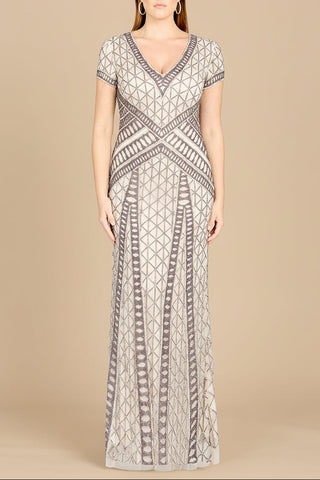 Lara 29746 - Beaded V-Neckline Dress with Cap Sleeves - Glamourous Grace