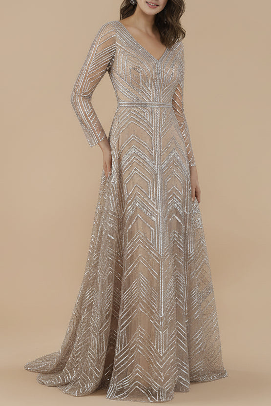 Lara 29753 - Long Sleeves Beaded Ballgown - Glamourous Grace