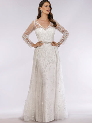 White Lara New York Beaded Lace Overskirt Ballgown dress with intricate lace details and flowing fabric for formal occasions.