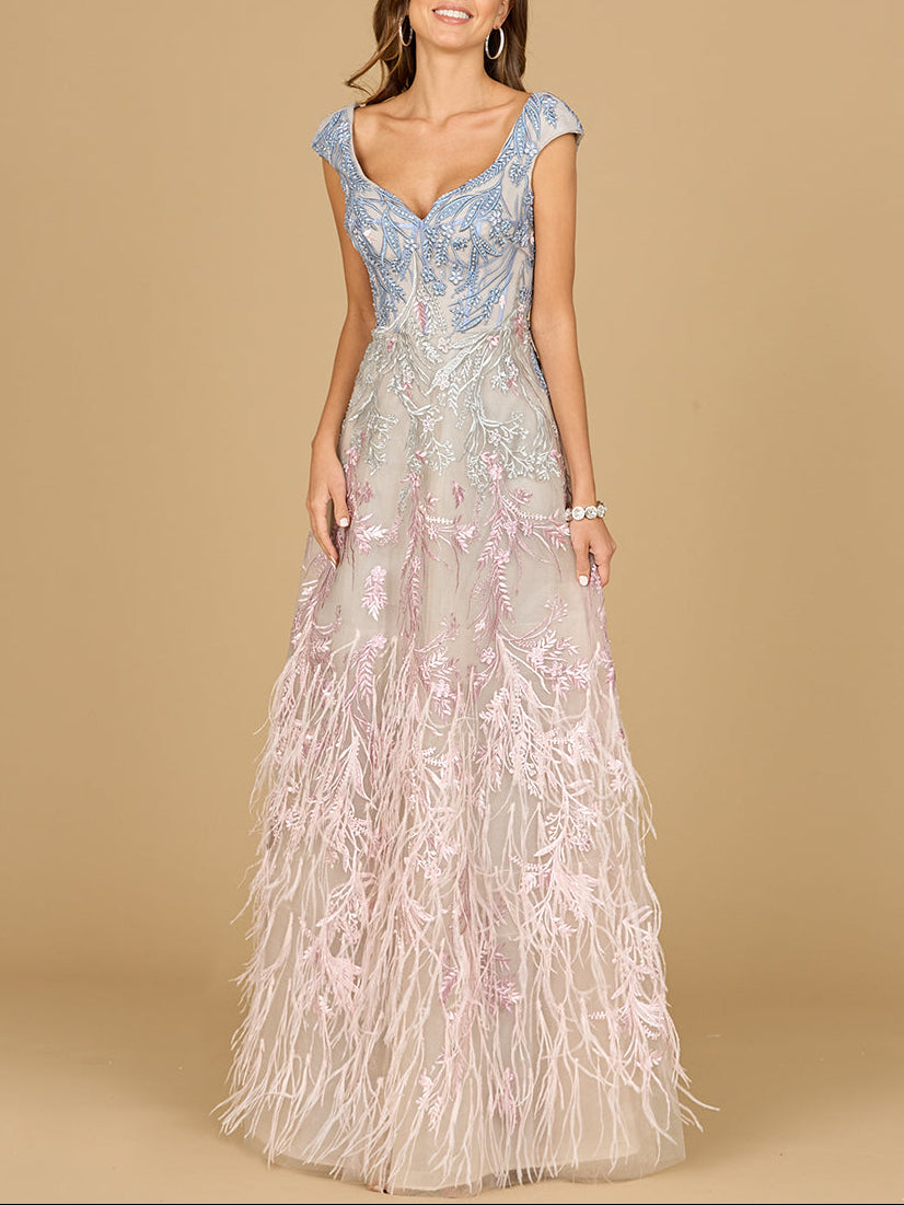 Cap Sleeves Feather Detail Ballgown | 29783 - Glamourous Grace