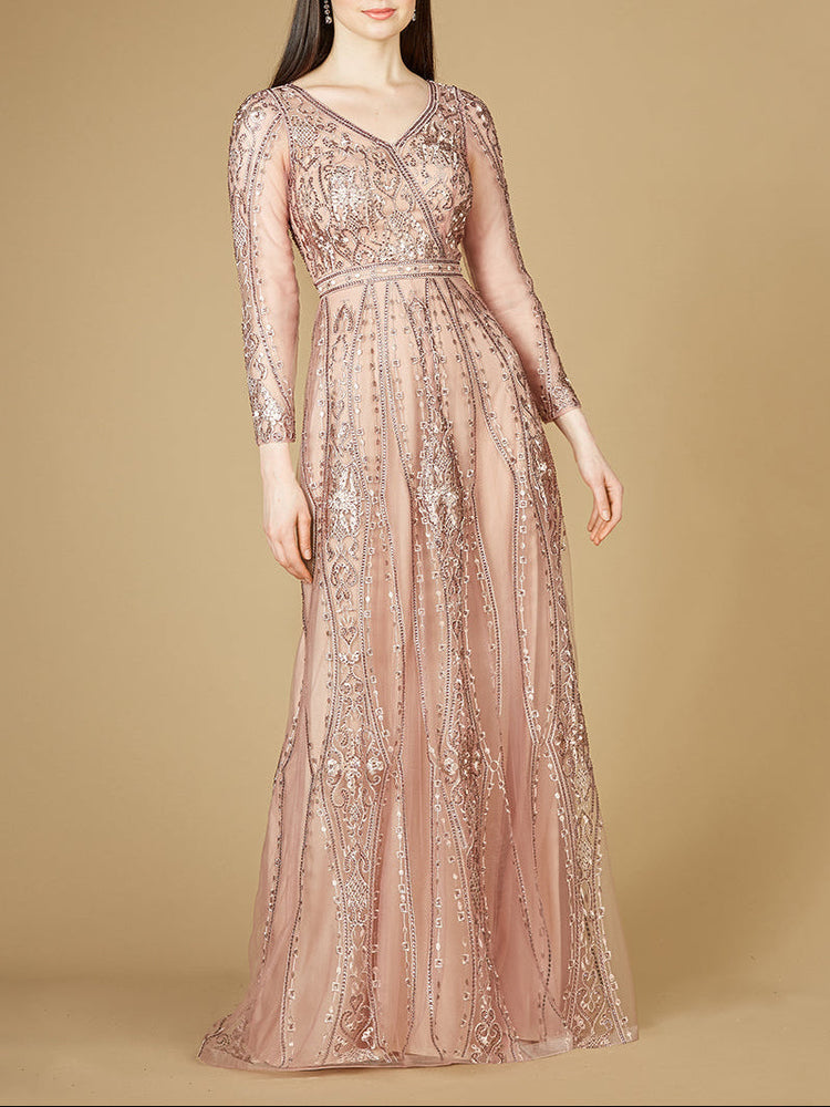 Long Illusion Sleeves, A-line Long Gown | Lara 29788 - Glamourous Grace