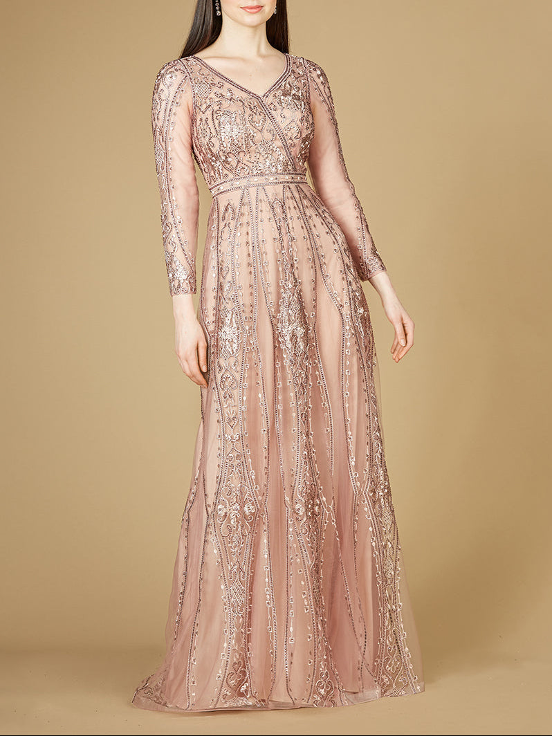 Long Illusion Sleeves, A-line Long Gown | Lara 29788 - Glamourous Grace