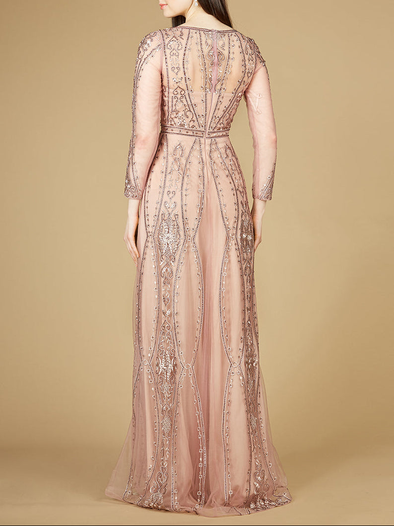 Long Illusion Sleeves, A-line Long Gown | Lara 29788 - Glamourous Grace