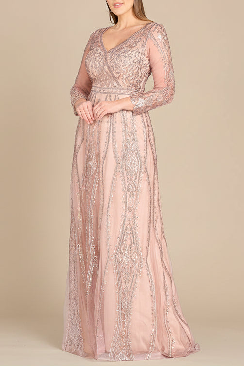 Long Illusion Sleeves, A-line Long Gown | Lara 29788 - Glamourous Grace