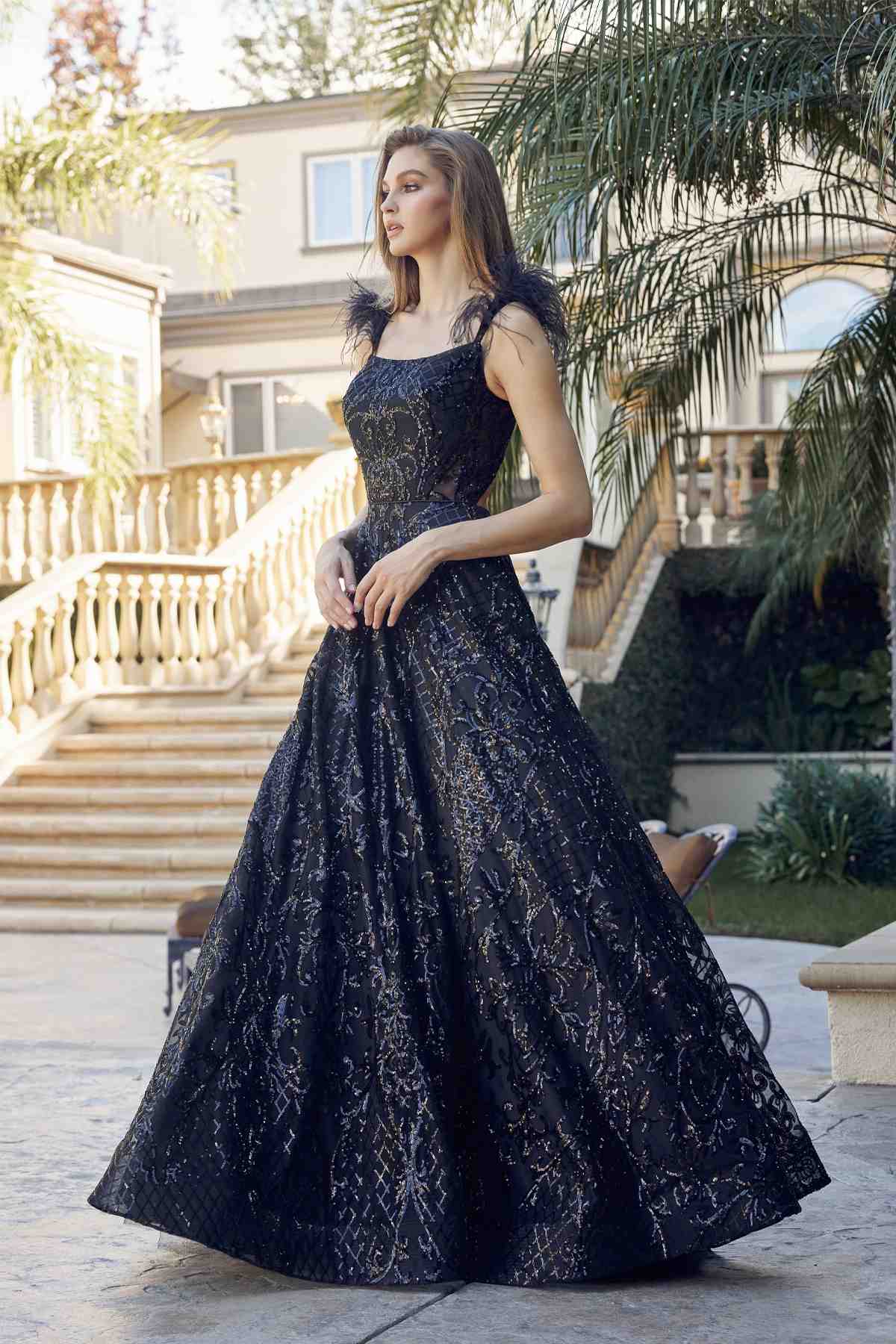 Juliet 297 Floor Length Feathered Cap Sleeve Patterned Sequin A-Line Gown - Glamourous Grace