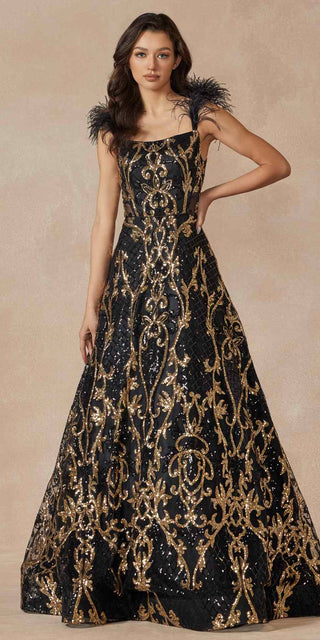 Juliet 297 Floor Length Feathered Cap Sleeve Patterned Sequin A-Line Gown