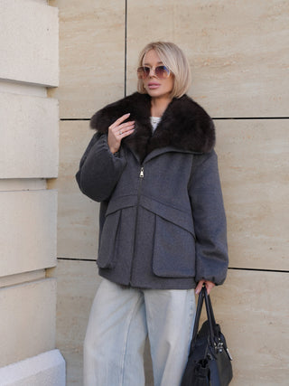 Rimini Genuine Fur Trim Wool Blend Parka in Graphite