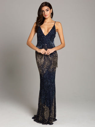 Lara Danika Floral Beaded Sheath Beaded Dress with Beaded Fringe - Glamourous Grace