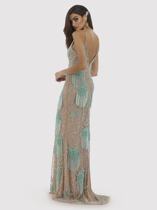 Lara Danika Floral Beaded Sheath Beaded Dress with Beaded Fringe - Glamourous Grace