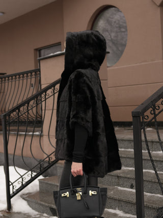 Genuine Scandinavian Mink Fur Poncho with Fully Lined Mink Hood