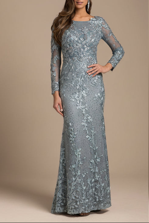 Lara 29924 - Long Sleeve Lace Dress With Lace Appliques - Glamourous Grace